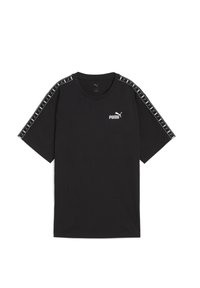 Camiseta negra de manga corta hecha de algodón. Presenta el logo blanco de Puma en el pecho y acentos decorativos en los hombros. Corte estándar y cuello redondo.