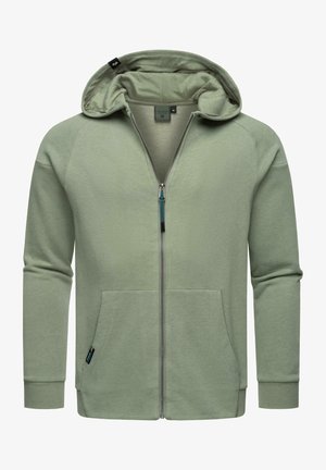 Világoszöld cipzáras kapucnis pulóver, puha anyagból készült, kapucnival, elülső zsebekkel és kontrasztos cipzár részletekkel. Rugalmas mandzsetták és alsó szegély.