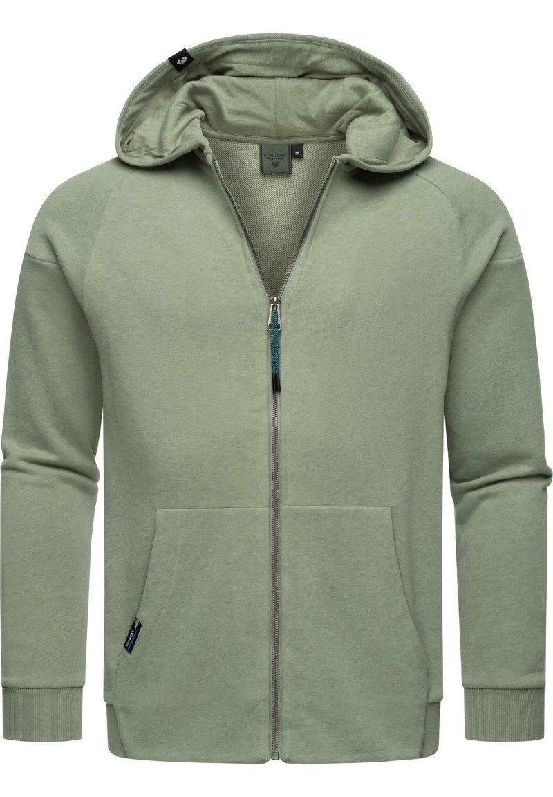 Sudadera con cremallera de color verde claro, fabricada en un tejido suave, con capucha, bolsillos frontales y detalles de cremallera en contraste. Puños y dobladillo acanalados.