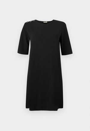 Black knee-length dress with short sleeves. Features a round neck and decorative metallic buttons on the shoulder. Smooth, uniform texture.