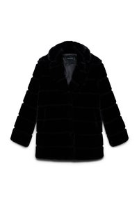 Cappotto in finta pelliccia nera con silhouette rilassata, caratterizzato da un collo a scialle, cuciture orizzontali e maniche lunghe. Interno foderato.