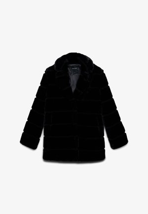 Schwarzer Kunstfellmantel mit lockerer Silhouette, ausgestattet mit einem Schalkragen, horizontalen Nähten und langen Ärmeln. Gefüttertes Innenfutter.