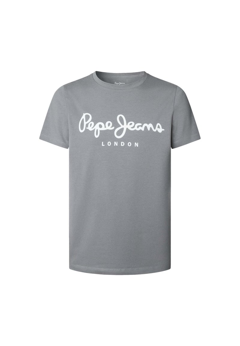 Graues Kurzarm-T-Shirt aus Baumwolle mit einem weißen Logo "Pepe Jeans" und "LONDON", das in einer kursiven Schriftart auf der Vorderseite gedruckt ist.