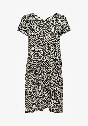 Kleita ar īsām piedurknēm leopardu rakstā, ar V veida kakla izgriezumu, brīvu piegriezumu un vieglu audumu melnā un krēmkrāsas tonī.