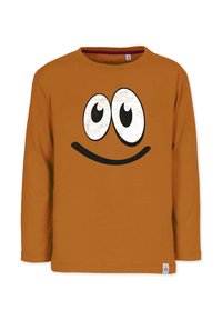 Langärmliges, orangefarbenes Baumwoll-T-Shirt mit einem großen, abgenutzten schwarzen Smiley-Gesicht-Graphic und markanten weißen Augen.