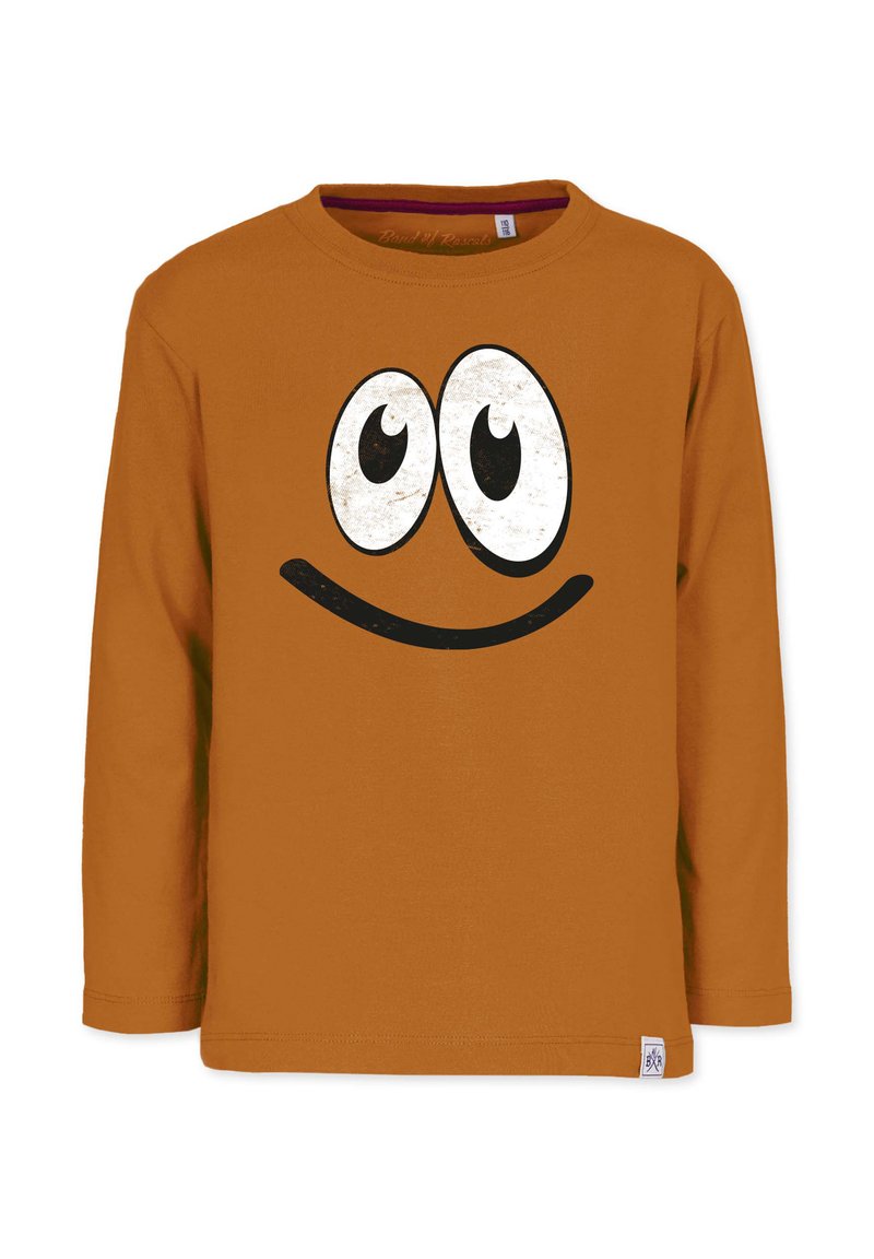 Langärmliges, orangefarbenes Baumwoll-T-Shirt mit einem großen, abgenutzten schwarzen Smiley-Gesicht-Graphic und markanten weißen Augen.