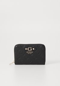 Portofel negru din piele cu model embossat, accente aurii, închidere cu fermoar și detaliu cu logo-ul "GUESS EST 1981". Formă compactă, rectangulară.