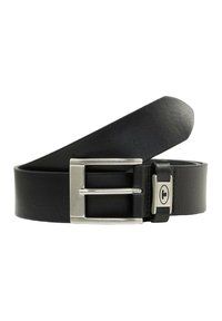 Cinturón de cuero negro con una hebilla rectangular plateada con un acento metálico y textura suave, diseñado con una forma clásica.