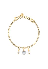 Bracciale in oro con maglie allungate, decorato con un cristallo a forma di cuore e due perle bianche come charm. La superficie è liscia e lucida.