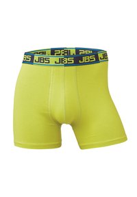 Lys gule boxershorts med en sort og blå elastisk talje, der har "JBS" branding, glat tekstur og normal pasform.