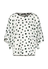 Kurzärmliges Oberteil aus weißem Stoff mit schwarzen und grünen Punkten, mit lockerer Passform und runder Ausschnitt. Weiche, glatte Textur.