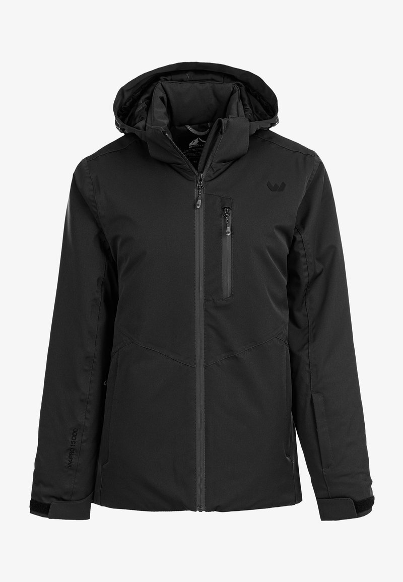 Schwarze wasserdichte Jacke mit Kapuze, Reißverschluss vorne und Brusttasche. Verfügt über einen strukturierten Stoff und verstellbare Bündchen für einen sicheren Sitz.