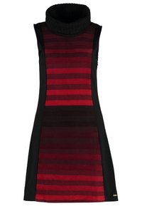 Robe en maille sans manches avec des rayures horizontales rouges et bordeaux foncé, panneaux latéraux noirs et col roulé noir.