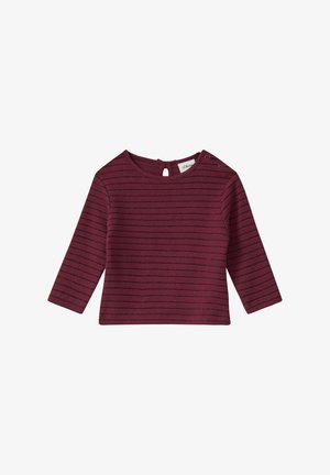 Burgundowa bluzka z długim rękawem w poziome paski, z okrągłym dekoltem i dwoma napami na ramionach, wykonana z prążkowanej tkaniny.