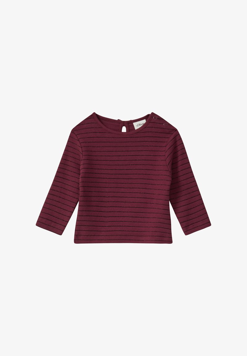 Burgunderfarbenes Longsleeve-Oberteil mit horizontalen Streifen, runder Ausschnitt und zwei Druckknöpfen an den Schultern, aus geripptem Stoff.