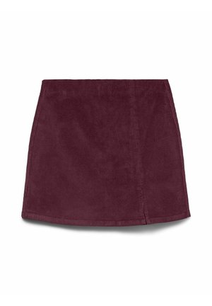 Donkerpaarse corduroy mini-rok met een lichte split aan de voorkant, plat weergegeven tegen een witte achtergrond.