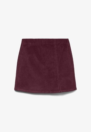 Mini gonna in corduroy viola scuro con una leggera apertura frontale, esposta piatta su uno sfondo bianco.