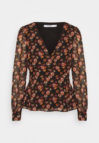 Blusa nera avvolgente con maniche lunghe trasparenti, caratterizzata da un motivo floreale nelle tonalità di rosso, arancio e giallo. Scollo a V e dettagli di vita arricciata.