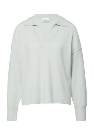 Jasnoszary sweter z długim rękawem, szerokim kołnierzem, głębokim dekoltem w kształcie litery V, luźnym krojem oraz prążkowanymi mankietami i końcówką.