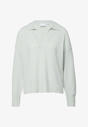 Hellgrauer Pullover mit langen Ärmeln, weitem Kragen, tiefem V-Ausschnitt, lockerem Schnitt sowie gerippten Bündchen und Saum.