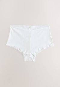 White cotton high-waisted briefs with textured stripes and decorative lace trim along the edges, featuring a small opening at the back.