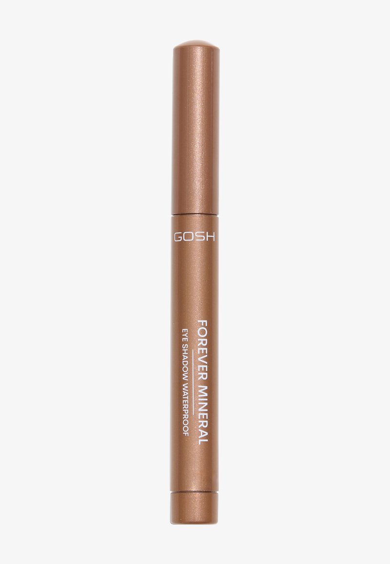 GOSH Forever Mineral Eye Shadow i en vattentät penna, med en cylindrisk bronsutsida och vit text samt en blank yta.