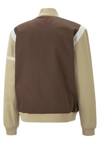 Brown and beige color-blocked bomber jacket with ribbed collar and cuffs. Features a small red logo on the back and smooth fabric texture.
