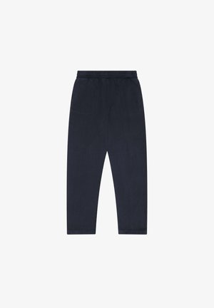 Navyblaue Hose mit elastischem Bund und geraden Beinen flach auf einem weißen Hintergrund ausgelegt.