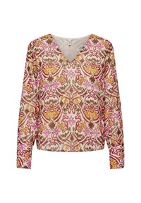 Blouse à manches longues avec un décolleté en V, ornée d'un motif floral dans des teintes de rose, orange et marron sur un fond clair. Tissu léger et transparent.