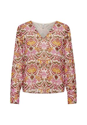 Blouse à manches longues avec un décolleté en V, ornée d'un motif floral dans des teintes de rose, orange et marron sur un fond clair. Tissu léger et transparent.