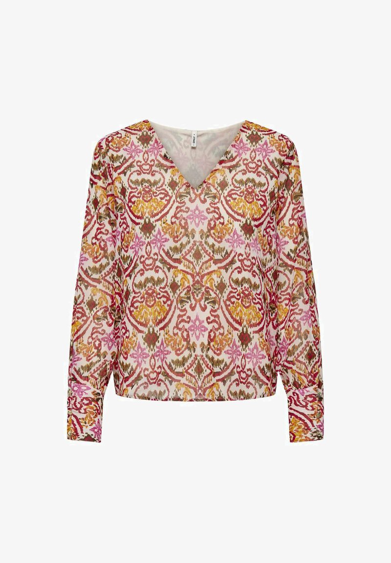 Blouse à manches longues avec un décolleté en V, ornée d'un motif floral dans des teintes de rose, orange et marron sur un fond clair. Tissu léger et transparent.