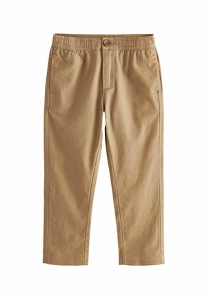 Pantalones casuales de color canela con cintura elástica, botón frontal y bolsillos laterales, mostrados planos sobre un fondo blanco.