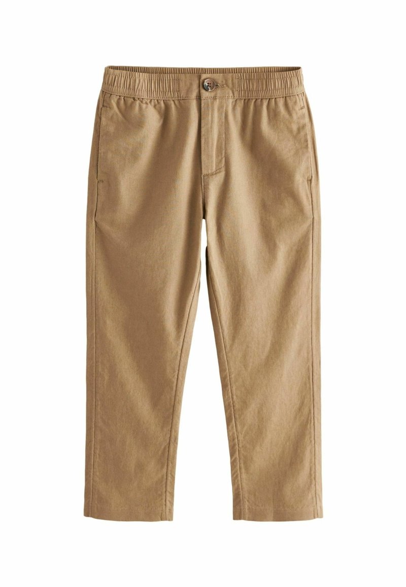 Pantalon décontracté de couleur sable avec taille élastique, bouton à l'avant et poches latérales, présenté à plat sur un fond blanc.