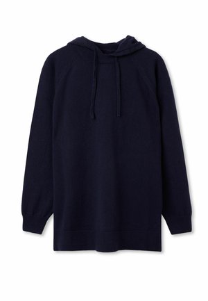 Mörkblå hoodie i ett mjukt, texturerat tyg. Har en dragsko på huvan, långa raglanärmar och en avslappnad passform med ribbat avslut.