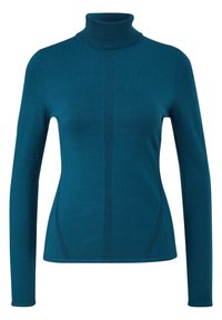 Türkiser Rollkragenpullover aus weichem Strickstoff. Mit langen Ärmeln, vertikalen Rippdetails und einer figurbetonten Silhouette.