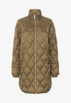 Prošívaná olivově zelená bunda s vysokým límcem, plným zipem a žebrovanými manžetami. Má diamantové vzory a boční kapsy.