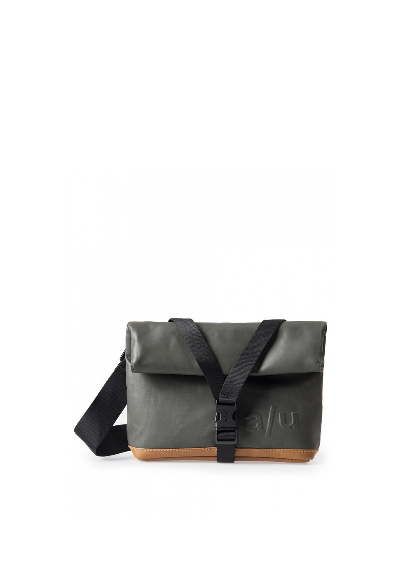 Olive green messenger bag with a roll-top design, featuring a black adjustable strap and tan leather bottom. Buckle closure at the front.