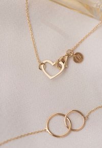 Gouden ketting met een open hart hanger, een extra bedel en gekoppelde ronde accenten, allemaal aan een delicate ketting tegen een zachte achtergrond.
