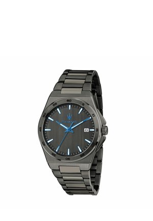 Orologio da polso Maserati in metallo nero con lancette e indici blu, datario alle 3 e cinturino a maglie.