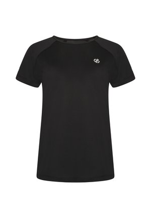 Schwarzes sportliches T-Shirt mit kurzem Ärmel und Rundhalsausschnitt, mit dezenten Mesh-Einsätzen und kleinem weißen Logo auf der linken Brust.