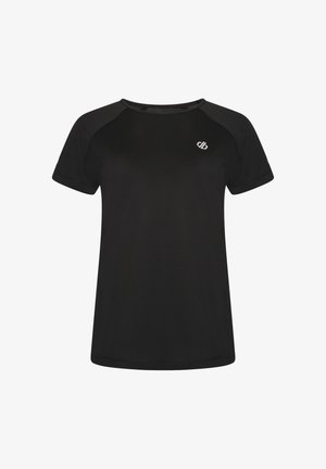 T-shirt de sport noir à manches courtes avec col ras du cou, équipé de panneaux en mesh discrets et d'un petit logo blanc sur la poitrine gauche.
