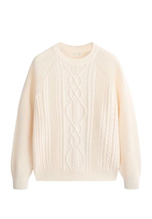 Pull en maille torsadée couleur crème avec manches longues, col rond et motifs tressés complexes à l'avant et aux manches.