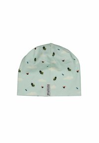 Vaaleansininen pipo, jossa on pilvikuvio, ja jota koristavat mustat mehiläiset sekä punaiset perhoset. Valmistettu pehmeästä kankaasta, ja helmassa on brändilogo.