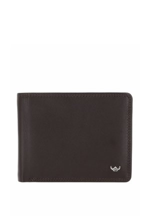 Portefeuille en cuir marron foncé avec bords cousus et petit logo casque viking en argent dans le coin inférieur droit, fermé à plat.