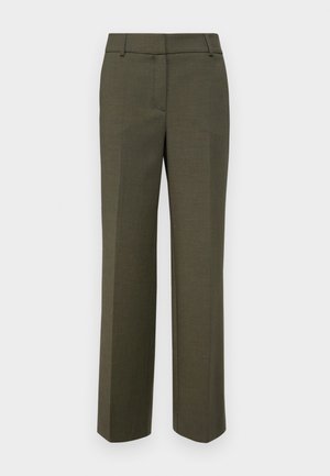 Pantaloni su misura verde oliva realizzati in tessuto testurizzato. Presentano un design a gamba dritta con una parte anteriore piatta e senza decorazioni visibili.
