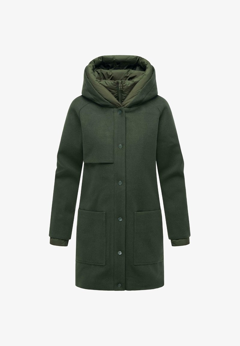 Green, mid-length coat made of soft fabric with a padded hood, front zipper, and two large pockets. Features a button closure and textured finish.