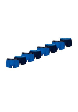 Men's boxer briefs in varying shades of blue and navy, featuring an elastic waistband with logo, smooth fabric, and fitted design.