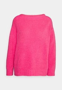 Rosa Strickpullover mit weitem Ausschnitt, langen Ärmeln und geripptem Saum. Weicher Stoff und lockere Passform, in einfarbiger Ausführung ohne Muster.