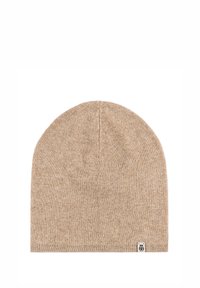 Beige knitted beanie hat with a smooth texture, tapered top, and a small logo patch on the bottom edge.