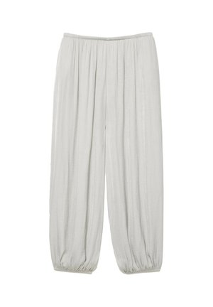 Pantalon ample gris clair avec une ceinture élastique et des poignets élastiques aux chevilles, fabriqué dans un tissu doux et fluide.